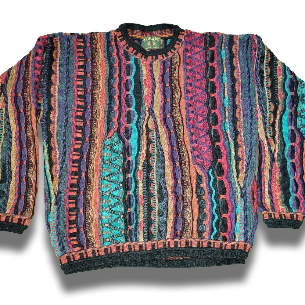 Rare Tosani Sweater Vintage Large CoogiStyle MultiColor 80s 90s